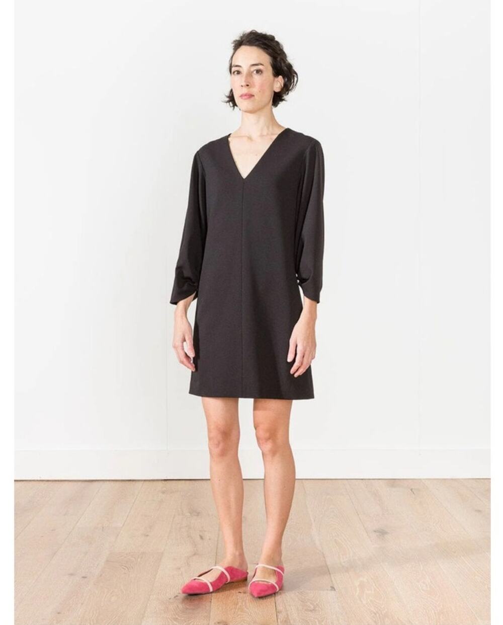 Tibi Black V Neck Shirred Sleeve Mini Dress Size 8 NWT Chic Minimalist